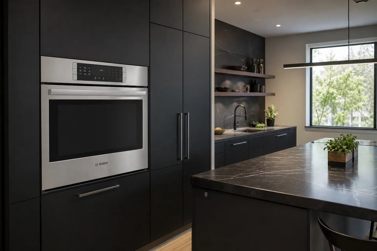 Illustrative luxury kitchen showroom with built-in appliances