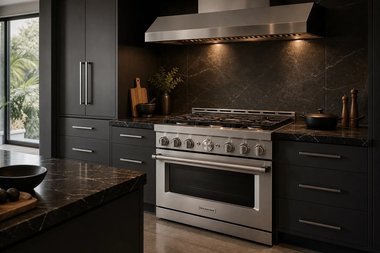 Illustrative luxury kitchen showroom with built-in appliances