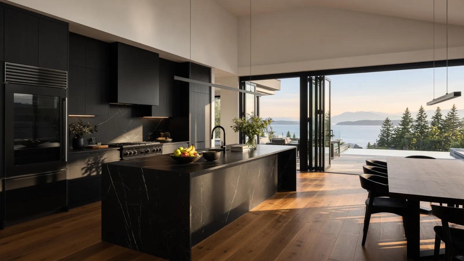 Black cabinetry, built-in appliances and a marble island in a softly lit luxury kitchen at early evening