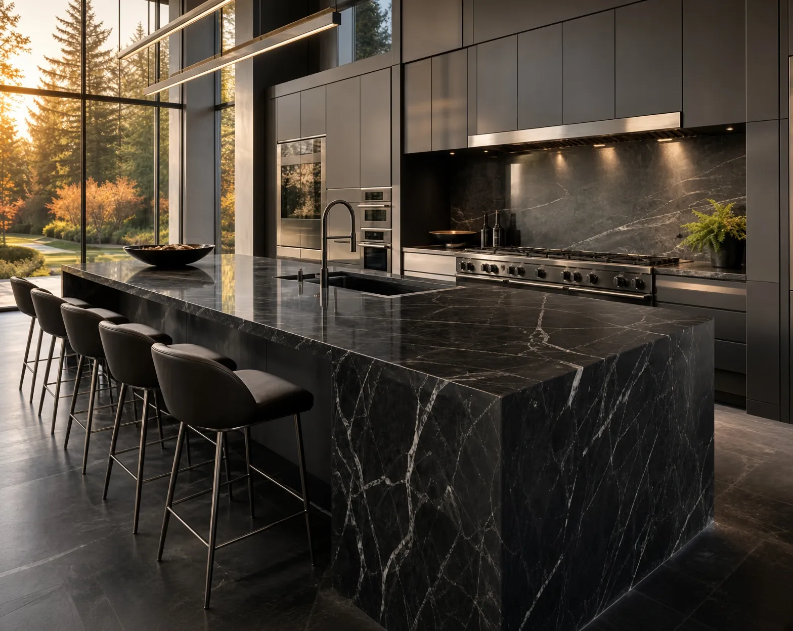 A grand contemporary mansion kitchen with a black marble island, bespoke charcoal cabinetry and stainless steel appliances