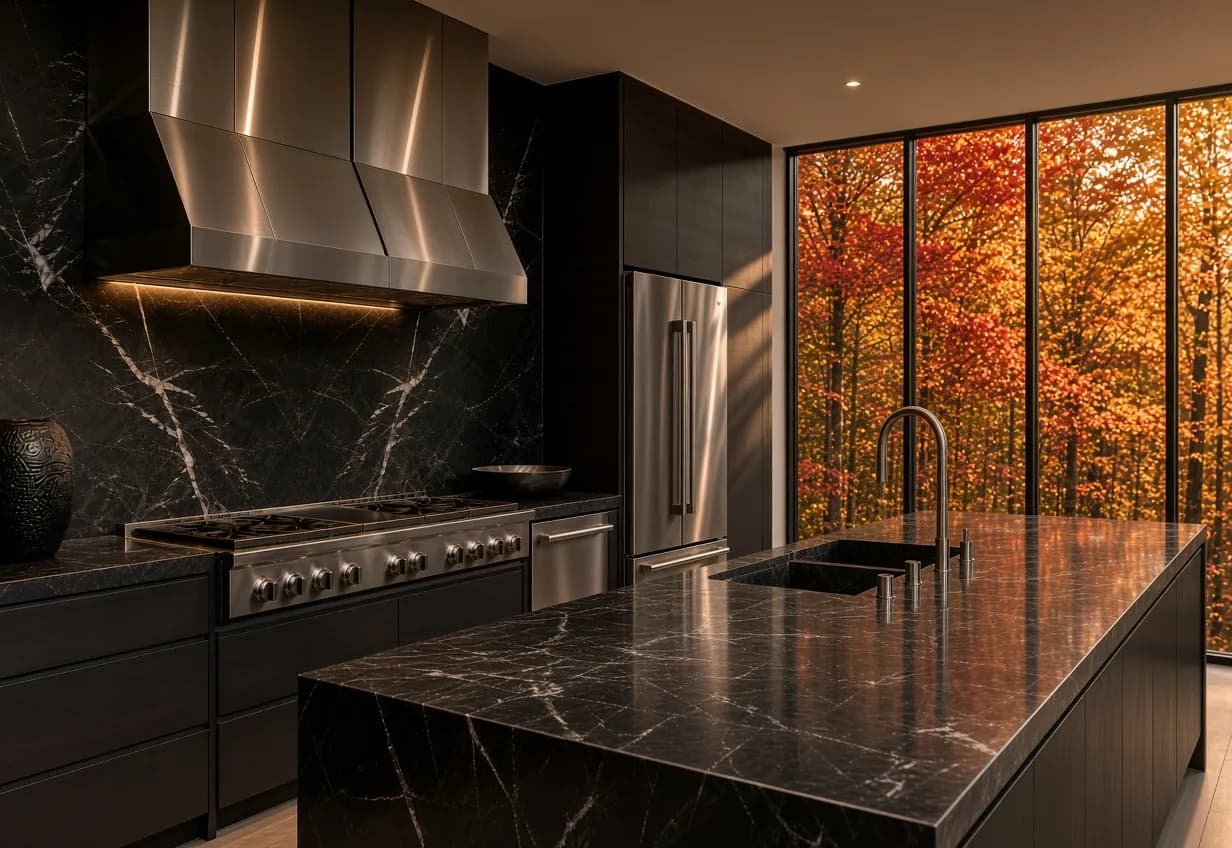 Black marble kitchen with a stainless steel range, hood and refrigerator beside floor-to-ceiling windows framing autumn trees