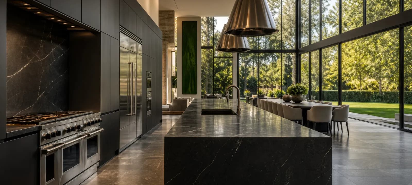 An expansive architectural mansion kitchen opening to a dining room and private estate grounds
